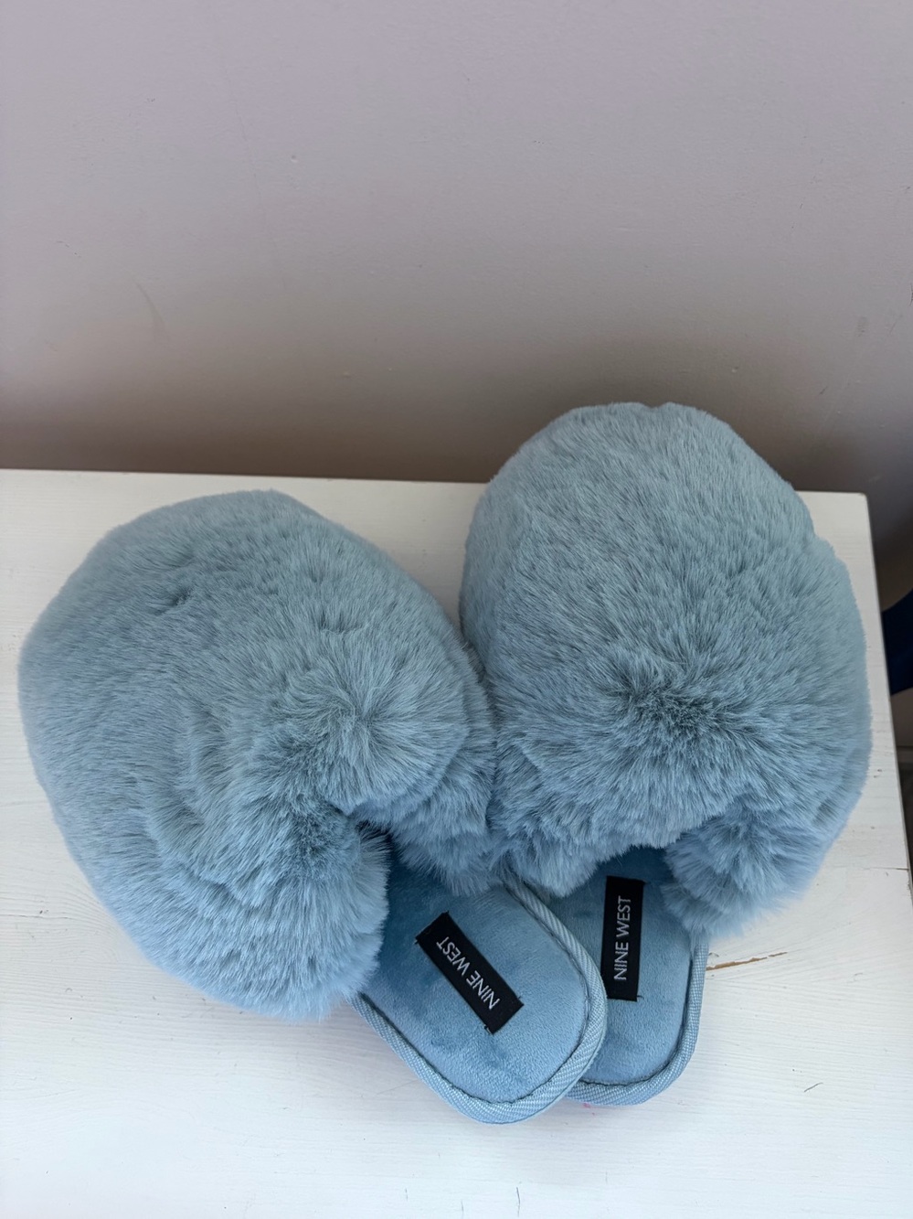 Nine West Plush Fuzzy Slide Slippers in Pale Blue